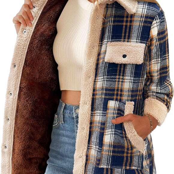 Womens Flannel Jacket Fleece Lined Shacket Fall Outfits Plaid Sherpa Button Down - Picture 1 of 7